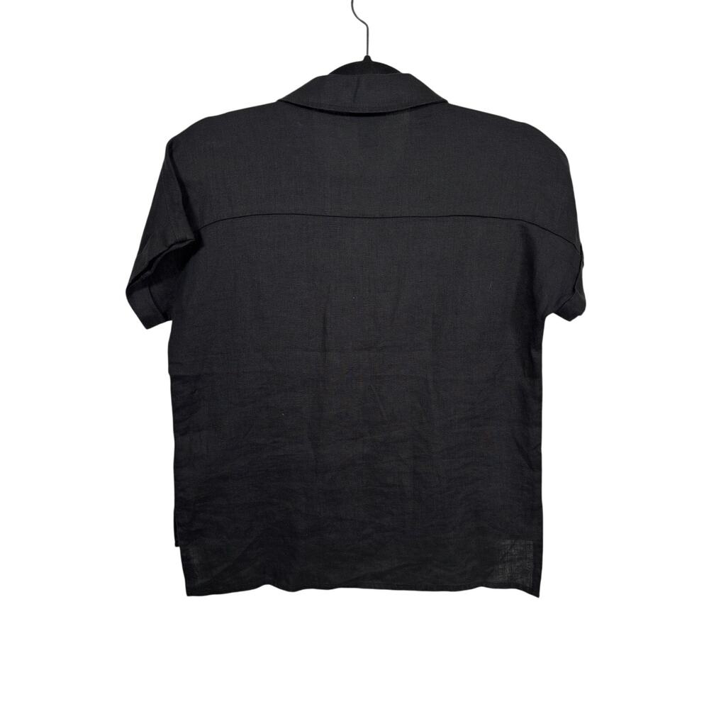 Tahari Button Up Shirt Womens XS Black Linen Short Sleeve Collared Flap Pockets - Picture 2 of 4